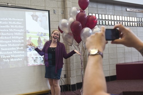 Photo by Chris Detrick | The Salt Lake Tribune 
Jordan High School senior Samantha Moll poses for a picture by her name during a reception at Jordan High School Tuesday May 31, 2011. Moll earned an advanced diploma and will be attending Westminster College next year. Over 1,300 students in the class of 2011 earned one of the differentiated diplomas, which require students to complete additional credits and study a world language for at least two years.