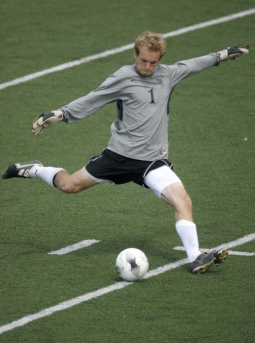 Trent Nelson  |  The Salt Lake Tribune
Highland goalkeeper Hayes Hicken kicks the ball as Mountain View defeats Highland 3-0 on May 24.