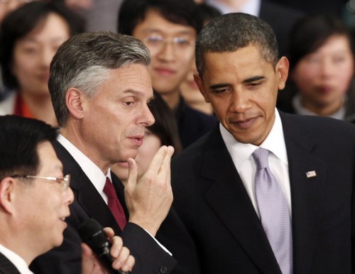 Associated Press file photo
President Barack Obama is shown in January with U.S. Ambassador to China and former Utah Gov. Jon Huntsman Jr. at a town hall style event with Chinese youths at the Museum of Science and Technology in Shanghai.