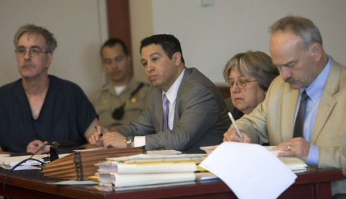 Al Hartmann  |  The Salt Lake Tribune
Defendant Dale Beckering, left, sits with lawyer Rudy Baustista, and Sherrie Beckering sits with her lawyer David Berceaua in the 3rd District Court in Salt Lake City on Friday. The Beckerings are charged with aggravated abuse of a disabled adult in the March death of 22-year-old Christina Harms.