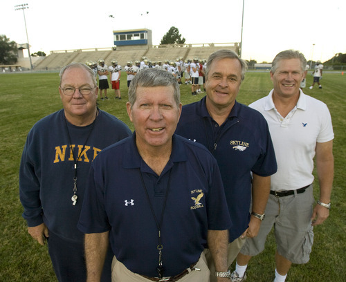 The coaches that stay together win together...........From left: Skyline High School football coaches Steve Marshall, head coach Roger Dupaix, Steve Marlowe and Allen Hymus have been coaching together since 1986.             Al Hartmann/The Salt Lake Tribune    8/19/2009