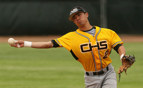 Leah Hogsten  |  The Salt Lake Tribune
Cottonwood High School's Carter Yagi throws to first for the out while playing second baseman at the 5A All-star Championship game at Lindquist Field Saturday, June 4 2011 in Ogden.