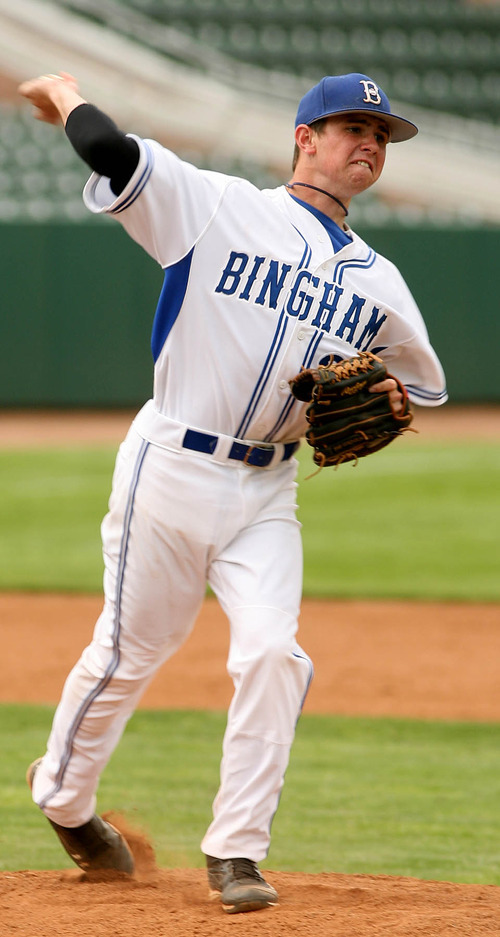 Leah Hogsten  |  The Salt Lake Tribune
Bingham High School's Mason Marshall pitches during the 5A All-star Championship game at Lindquist Field Saturday, June 4 2011 in Ogden.