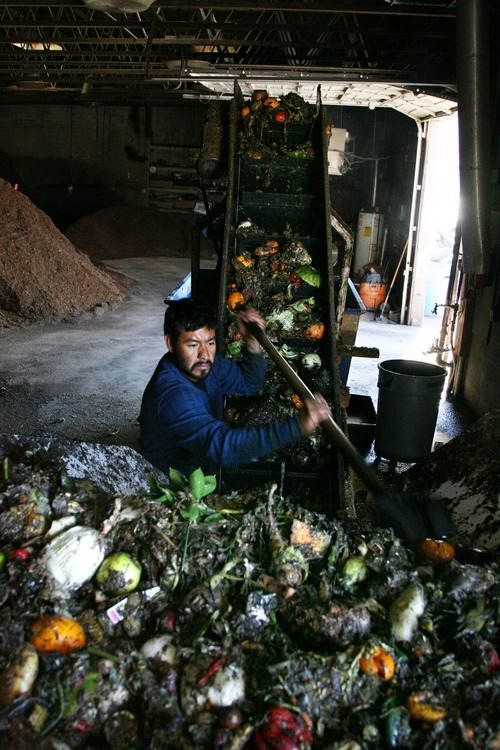 Steve Griffin  |  The Salt Lake Tribune

EcoScraps employee Mario Ambrosio feeds fruit and vegetable scraps into a shredder at the company's Salt Lake City plant. The company makes the 100 percent organic soil with vegetables and fruit scraps through a special process similar to composting.