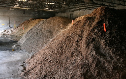 Steve Griffin  |  The Salt Lake Tribune

Mounds of compost are in various stages of the process at EcoScraps in Salt Lake City. The company makes 100 percent organic soil with vegetables and fruit scraps through a special process similar to composting.