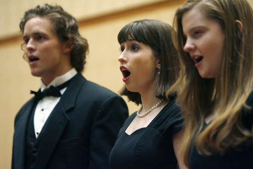 Francisco Kjolseth  |  The Salt Lake Tribune
West Chamber singers at Westminster College Tamer Begun, Rebecca Hansen and Morgan Richards, from left, rehearse rehearse with music director Chris Quinn recently as the end of the school year nears. Westminster's enrollment picture has changed dramatically, with far more students coming from out of state looking for a traditional liberal arts small-campus experience that happens to be in a large Western city close to great skiing and other outdoor opportunities.