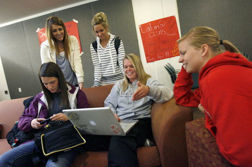 Francisco Kjolseth  |  The Salt Lake Tribune
Members of the Westminster soccer team including Nikki Kopfman, Lisa Johnson, Sarah Swenson, Dayna Winter-Nolte and Michelle Erickson, from left, chill out in the Shaw Center during finals week recently. Westminster's enrollment picture has changed dramatically, with far more students coming from out of state looking for a traditional liberal arts small-campus experience that happens to be in a large Western city close to great skiing and other outdoor opportunities.