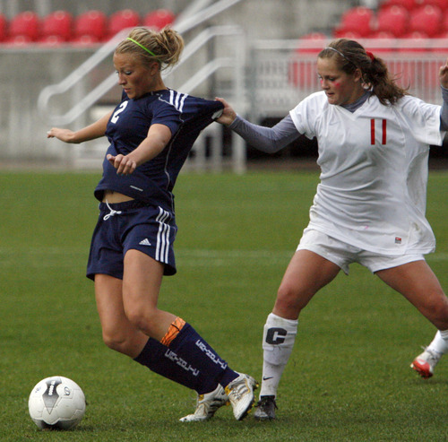 Stephen Holt  |  Special to the Tribune

Park City's Sydney Hieber tries to part Juan Diego's Emily Bruder from the ball during the 3A state champion game in Rio Tinto Stadium.