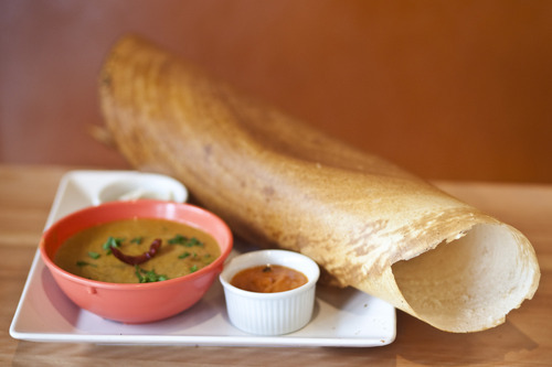 Chris Detrick | The Salt Lake Tribune 
Spring dosa crepe with coconut chutney, tomato chutney and a lentil dipping soup at Saffron Valley Indian Street Foods in South Jordan.