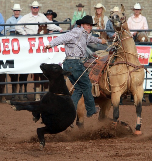 Rick Egan l The Salt Lake Tribune

Garrison Cannon, DIxie, competes in the Tye Down competition at the Utah High School Rodeo Championship round in Heber City, Saturday, June 10, 2011.