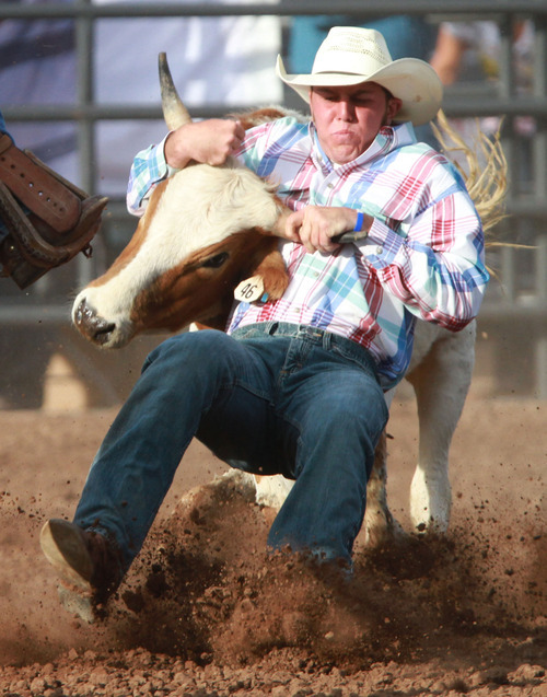 Rick Egan l The Salt Lake Tribune

Kolby Hughes, Dixie, rides in the steer wrestling competition at the Utah High School Rodeo Championship round in Heber City, Saturday, June 10, 2011.