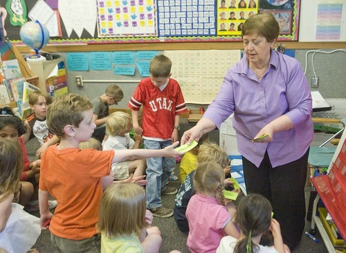 Paul Fraughton  |  The Salt Lake Tribune  Carolyn Zaugg, a kindergatren teacher at Salt Lake City's Hawthorne Elementary, interacts Tuesday with her last  group of students, as she is retiring after 28 years  of teaching.