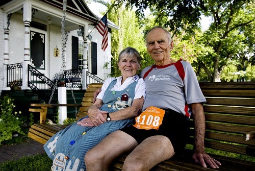 Djamila Grossman  |  The Salt Lake Tribune
Woody Whitlock has run marathons for several years. Now that he's 80, he decided to run eight marathons this year -- one for each decade of his life. He couldn't do it without the help of his wife, Betty, he says.