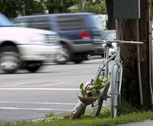 Margaret Distler  |  The Salt Lake Tribune

A ghost bike memorial for Brynn Barton was placed on the corner of 700 East and 800 South on Wednesday, June 8, 2011.