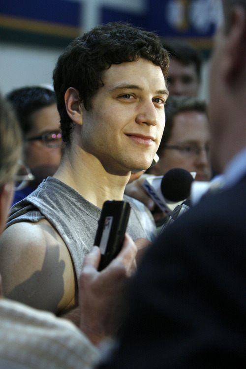 Francisco Kjolseth  |  The Salt Lake Tribune
Brigham Young guard Jimmer Fredette speaks with the media following a workout with the Utah Jazz on Wednesday, June 15, 2011, at their practice facility in Salt Lake City.