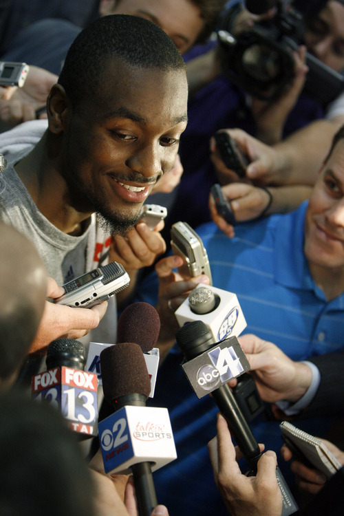 Francisco Kjolseth  |  The Salt Lake Tribune
Connecticut guard Kemba Walker speaks with the media following a workout with the Utah Jazz on Wednesday, June 15, 2011, at their practice facility in Salt Lake City.