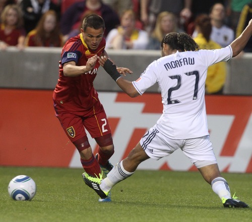 Rick Egan   |  The Salt Lake Tribune

Luis Gil controls the ball, as Vancouver's Alexandre Morfaw (27) defends, in MLS action Real Salt Lake, vs Vancouver, at Rio TInto Stadium, Saturday, June 4, 2011