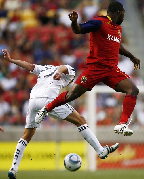 Djamila Grossman  |  The Salt Lake Tribune
RSL's Jean Alexandre and D.C.'s Perry Kitchen jump to gain control of the ball.