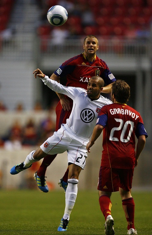 Djamila Grossman  |  The Salt Lake Tribune

Real Salt Lake plays D.C. United at Rio Tinto Stadium in Sandy, Utah, on Saturday, June 18, 2011.  RSL's Chris Wingert (17) and D.C.'s Fred (27) head the ball as RSL's Ned Grabavoy (20) watches on.