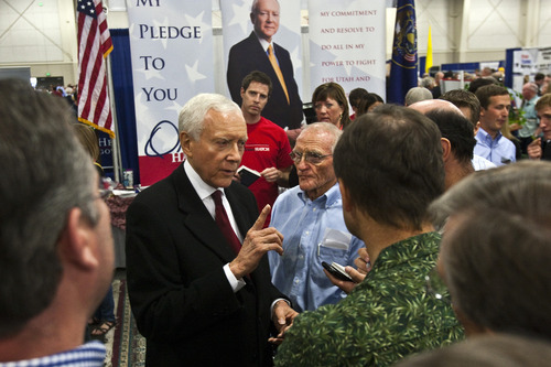 Chris Detrick  |  The Salt Lake Tribune 
Sen. Orrin Hatch talks to supporters during the Utah State Republican Party Convention at the South Towne Expo Center on Saturday.