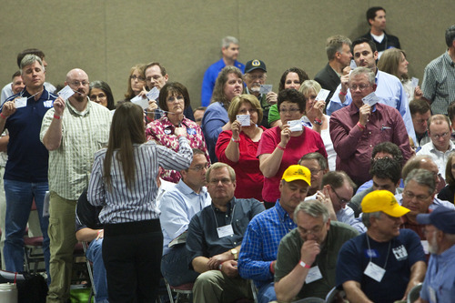 Chris Detrick  |  Tribune File Photo 
Delegates at the June 18 state Republican Convention approved a resolution to repeal the guest worker law. The vote was 833-739 for the anti-HB116 resolution. Delegates also elected two party dissidents to GOP leadership positions.