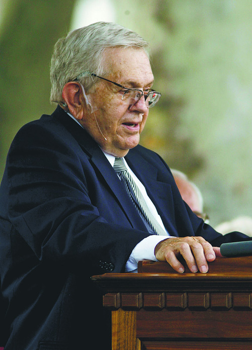 Leah Hogsten  |  The Salt Lake Tribune
President Boyd K. Packer of the Quorum of the Twelve delivers an address in 2010.