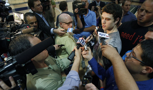 Francisco Kjolseth  |  The Salt Lake Tribune
Brigham Young guard Jimmer Fredette speaks with the media following a workout with the Utah Jazz on Wednesday, June 15, 2011, at their practice facility in Salt Lake City.
