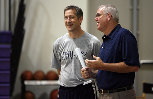 Francisco Kjolseth  |  The Salt Lake Tribune
Former Jazz player Jeff Hornacek, left, and Brigham Young University basketball coach Dave Rose chat following a workout by BYU guard Jimmer Fredette with the Utah Jazz on Wednesday, June 15, 2011, at their practice facility in Salt Lake City.