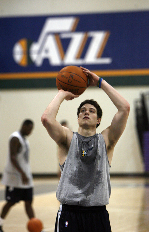 Francisco Kjolseth  |  The Salt Lake Tribune
Brigham Young guard Jimmer Fredette works out with the Utah Jazz on Wednesday, June 15, 2011, at their practice facility in Salt Lake City.