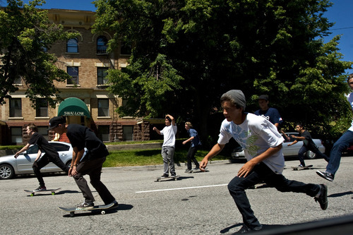 Chris Detrick | The Salt Lake Tribune 
Skateboarders in downtown Salt Lake City take part in National Go Skateboarding Day on Tuesday, June 21, 2011.