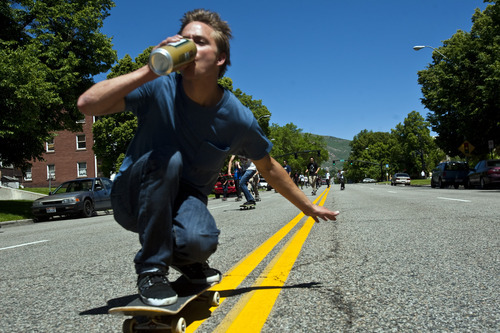 Chris Detrick | The Salt Lake Tribune 
Skateboarders in downtown Salt Lake City participate in National Go Skateboarding Day on Tuesday, June 21, 2011.