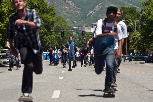 Chris Detrick | The Salt Lake Tribune 
Skateboarders in downtown Salt Lake City participate in National Go Skateboarding Day on Tuesday, June 21, 2011.