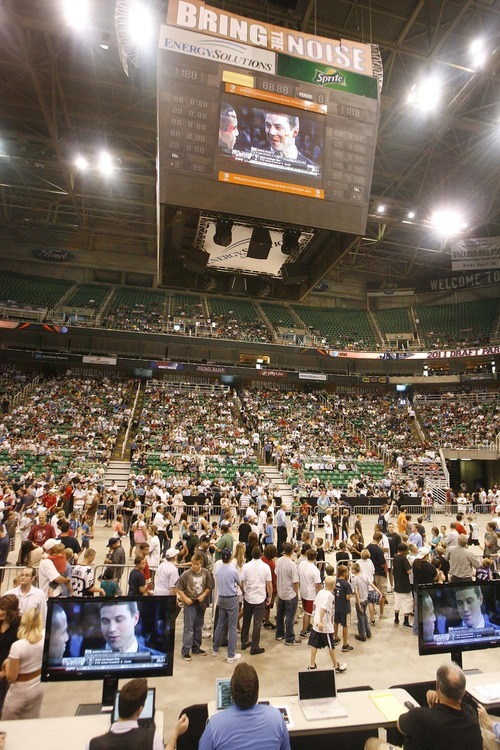 Paul Fraughton  |  The Salt Lake Tribune.  The crowd watches as Jimmer Freddette is interviewed. The Utah Jazz  held their NBA draft party at Energy Solutions Arena  , Thursday  June 23, 2011