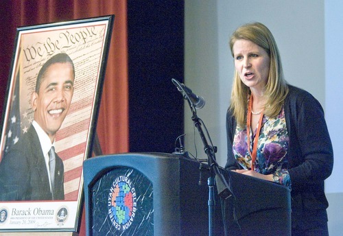 Paul Fraughton  |  The Salt Lake Tribune
Elizabeth Shuler, secretary- treasurer  of the national AFL-CIO, speaks at the Utah AFL-CIO convention at The Utah Cultural Celebration Center on Friday,  June 24, 2011.