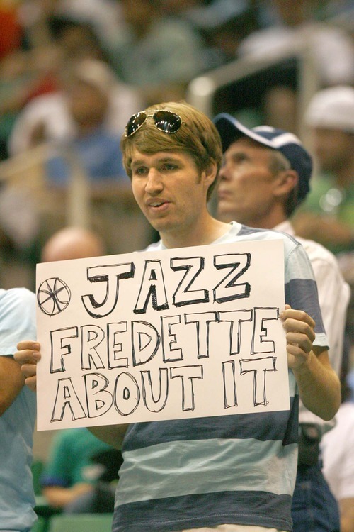 Paul Fraughton  |  The Salt Lake Tribune. After Jimmer Fredette was selected by Sacramento  Jeff Benson shows his disappointment. The Utah Jazz  held their NBA draft party at Energy Solutions Arena  , Thursday  June 23, 2011