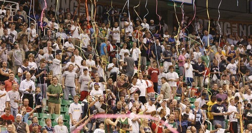 Paul Fraughton  |  The Salt Lake Tribune. After the twelfth pick was announced  streamers dropped on the crowd of Jazz fans. The Utah Jazz  held their NBA draft party at Energy Solutions Arena  , Thursday  June 23, 2011