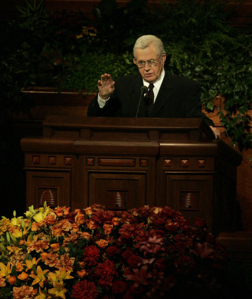 Jim Urquhart  |  The Salt Lake Tribune 

President Boyd K. Packer speaks during the closing session of the LDS General Conference Sunday, October 5, 2008 in Salt Lake City.
