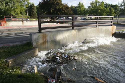 Rick Egan   |  The Salt Lake Tribune
Debris in the swirling Little Cottonwood Creek in Murray Park.