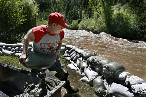 Scott Sommerdorf  |  The Salt Lake Tribune
Homeowner Rob Taylor snadbags against the raging Weber River near his property at the mouth of Weber Canyon, Saturday, June 25, 2011.