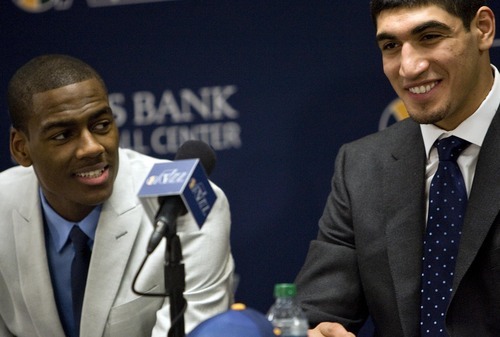 Utah Jazz first round NBA draft pick Enes Kanter, left, and Alec Burks take questions during a news conference at the Zions Bank Basketball Center in Salt Lake City, Utah, on Friday, June 24, 2011. (AP Photo/The Salt Lake Tribune, Djamila Grossman)