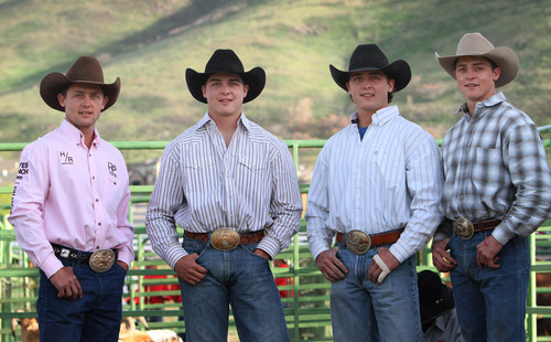 Rick Egan   |  The Salt Lake Tribune
Left to Right, Cody, Jake, Jesse, and  Alex Wright, at the Herriman Rodeo, Saturday, June 4, 2011.  The four Utah brothers, including a two-time champion, who are among the top 25 saddle bronc riders in the world.
