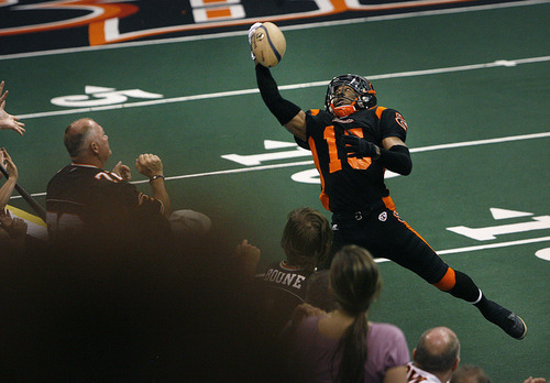 Scott Sommerdorf  |  The Salt Lake Tribune
Utah Blaze WR Robinson Alvance (15) goes high to make a catch near the boards during first half play. The Utah Blaze host the Kansas City Command in Salt Lake City, Friday, June 24, 2011.