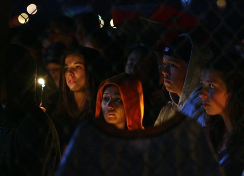 Steve Griffin  |  The Salt Lake Tribune

Wasatch High School students, family and friends gather at the Heber school for a candle light vigil for 17-year-old Kaleb Franco who drowned in Deer Creek Reservoir earlier in the day in Heber Wednesday, June 29, 2011.