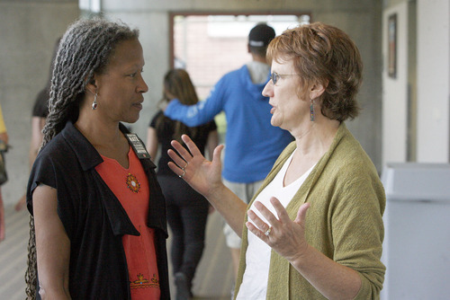 Francisco Kjolseth  |  The Salt Lake Tribune
Southern Poverty Law Center Director of Outreach Lecia Brooks, left, speaks with Director of Teaching Tolerance Maureen Costello after a workshop with the Canyons School District to train students on how to be inclusive of diversity. The program was held at the Larry H. Miller Campus, Salt Lake Community College, 9750 S. 300 West in Sandy on Tuesday, June 28, 2011. The training was prompted by an investigation into racist incidents at Alta High this spring.