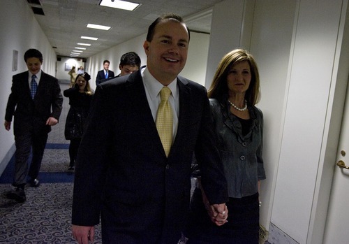 Djamila Grossman  |  The Salt Lake Tribune

Sen. Mike Lee, R-Utah, walks around the Hart Senate Office Building with his wife, Sharon, and children, before being sworn in as a Senator on Capitol Hill in Washington, D.C., Wednesday, Jan. 5, 2011.