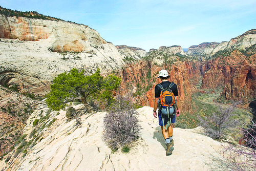 Al Hartmann |  Tribune file photo
A hiker takes in the view from the top of the Angels Landing Trail before descending to the canyon bottom.