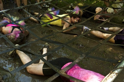 Photo by Chris Detrick | The Salt Lake Tribune 
Women craw through mud during the Kiss Me Dirty Race Series at Wheeler Historic Farm Saturday July 2, 2011.  The four-mile obstacle mud course, was run only by women, who were raising money for gynecological cancer research.