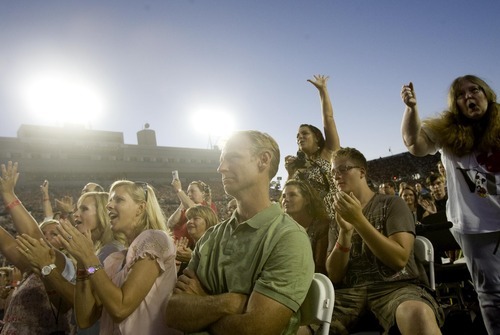 Djamila Grossman  |  The Salt Lake Tribune

Fans cheer as David Archuleta performs during the Stadium of Fire event in honor of the Fourth of July at Lavell Edwards Stadium in Provo, Utah, on Saturday, July 2, 2011.