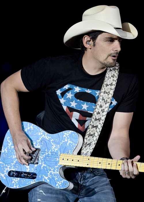 Djamila Grossman  |  The Salt Lake Tribune
Brad Paisley performs during the Stadium of Fire event in honor of the Fourth of July at Lavell Edwards Stadium in Provo, Utah, on Saturday, July 2, 2011.
