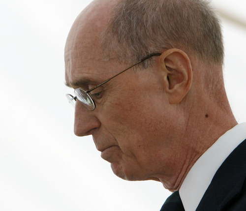 Tribune file photo
An emotional Elder Henry B. Eyring, an apostle of The Church of Jesus Christ of Latter-day Saints, speaks during the Mountain Meadows Massacre Memorial near Enterprise in September 2007. The site has been named a national landmark.